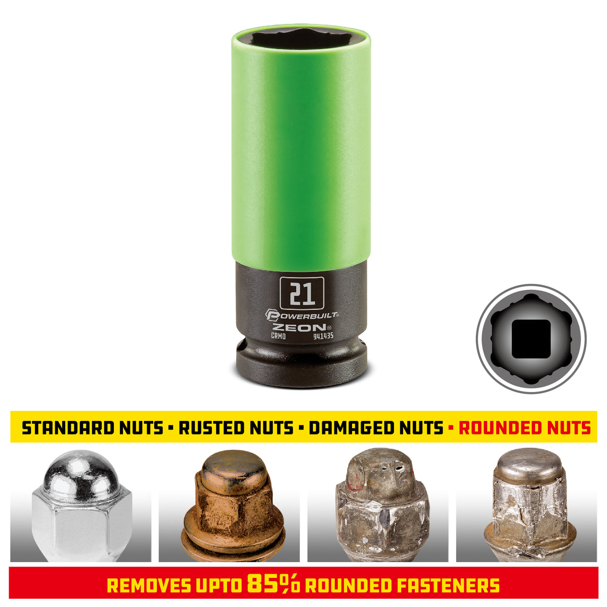 Powerbuilt 21mm Zeon Lug Nut Socket Set for Damaged Lug Nuts - 941435M